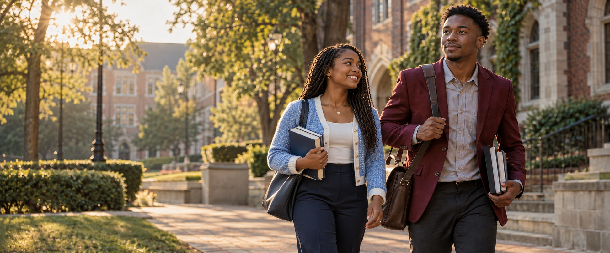 A Morehouse man and Spelman woman carrying books as they walk across campus